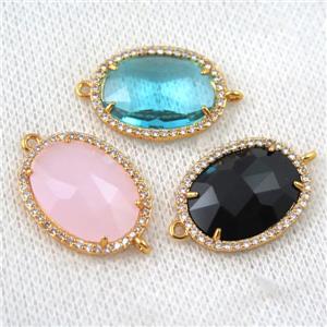 crystal glass connector paved zircon, mix color, faceted oval, gold plated, approx 16x20mm