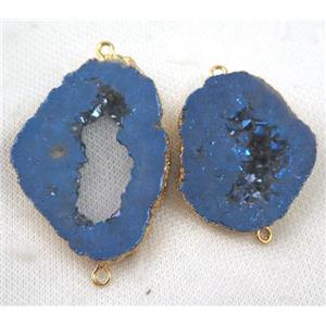 druzy agate slice connector, blue, freeform, gold plated, approx 20-45mm