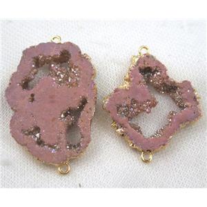druzy agate slice connector, pink, freeform, gold plated, approx 20-45mm