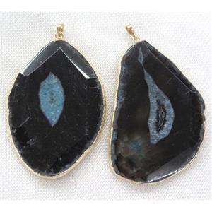 blue druzy agate slice pendant, black, faceted freeform, gold plated, approx 30-70mm