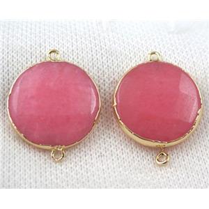 pink jade connector, faceted flat-round, gold plated, approx 25mm dia