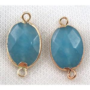 blue jade connector, faceted oval, gold plated, approx 18x23mm
