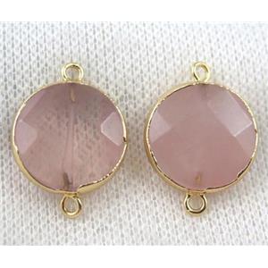Rose Quartz connector, pink, faceted flat-round, gold plated, approx 17mm dia
