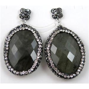 black glass crystal earring paved rhinestone with sterling silver stud, approx 6x6mm, 22x30mm