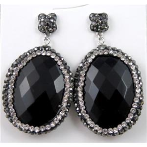 black agate onyx earring paved rhinestone with sterling silver stud, approx 6x6mm, 22x30mm