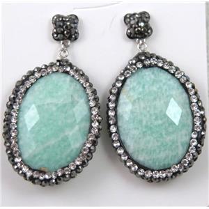 green Amazonite earring paved rhinestone with sterling silver stud, approx 6x6mm, 22x30mm
