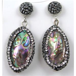 paua abalone shell earring paved rhinestone with sterling silver stud, approx 8mm dia, 16x30mm