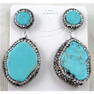 blue turquoise earring paved rhinestone with sterling silver stud, approx 13mm dia, 20-30mm