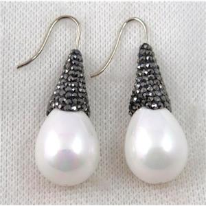white shell pearl earring studs paved rhinestone, approx 16x30mm