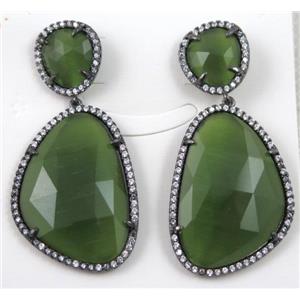 olive cats eye stone earring paved zircon with sterling silver stud, approx 14mm, 25x35mm