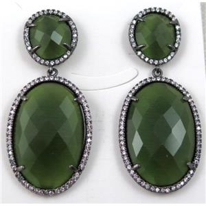 green cats eye stone earring paved zircon with sterling silver stud, approx 14mm, 22x35mm