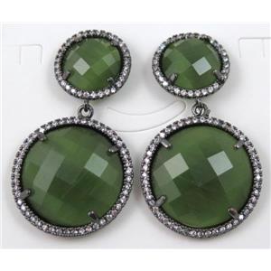 green cats eye stone earring paved zircon with sterling silver stud, approx 16mm, 23mm dia
