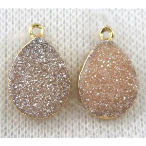 druzy agate pendant, golden champagne, teardrop, gold plated, approx 12x16mm