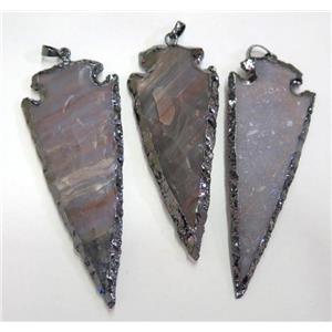 Hammered Rock Agate Arrowhead Pendant, black plated, approx 20-65mm