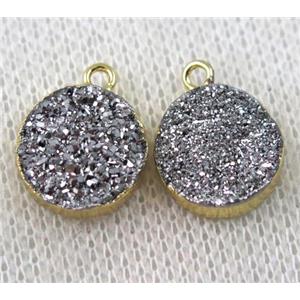 silver druzy agate pendant, flat-round, gold plated, approx 12mm dia