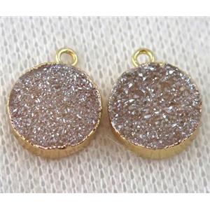 druzy agate pendant, golden champagne, flat-round, gold plated, approx 12mm dia