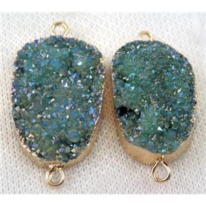 druzy quartz connector, green AB-color, freeform, gold plated, approx 20-35mm