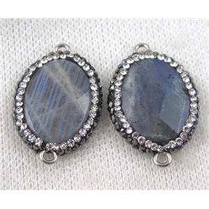 Labradorite connector paved rhinestone, faceted oval, approx 16-22mm