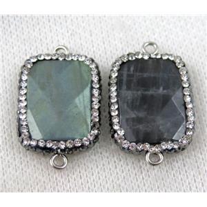Labradorite connector paved rhinestone, faceted rectangle, approx 16-22mm