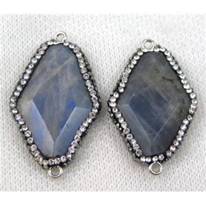 Labradorite connector paved rhinestone, faceted rhombic, approx 23-35mm