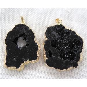 druzy agate slice pendant, black dye, gold plated, approx 30-60mm