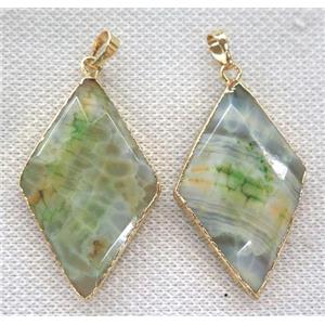 green dragon veins agate pendant, faceted rhombic, gold plated, approx 25-45mm