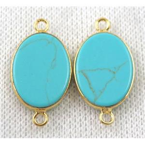 green turquoise connector, flat oval, gold plated, approx 15x20mm