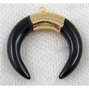 black onyx agate crescent pendant, horn, gold plated, approx 35mm dia