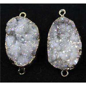 druzy quartz connector, white AB-color, freeform, gold plated, approx 20-30mm