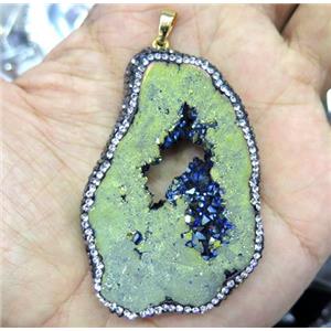 druzy agate slice pendant paved rhinestone, freeform, green electroplated, approx 30-60mm