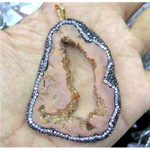 druzy agate slice pendant paved rhinestone, freeform, gold champagne electroplated, approx 30-60mm