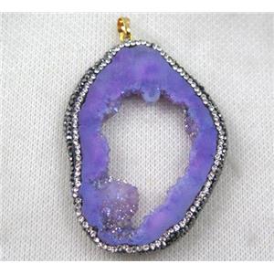 druzy agate slice pendant paved rhinestone, freeform, purple AB-color, approx 30-60mm