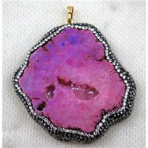 druzy agate slice pendant paved rhinestone, freeform, pink AB-color, approx 30-60mm