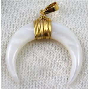 white pearl shell crescent horn pendant, gold wire wrapped, approx 30-35mm