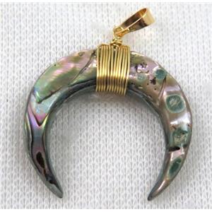 paua abalone shell crescent horn pendant, gold wire wrapped, approx 30-35mm