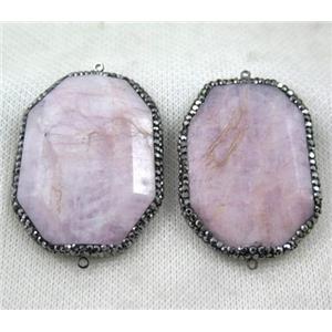 Kunzite slice connector paved rhinestone, faceted freeform, pink, approx 25-40mm