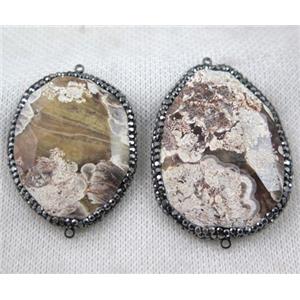 white ocean jasper slice connector paved rhinestone, faceted freeform, approx 25-40mm