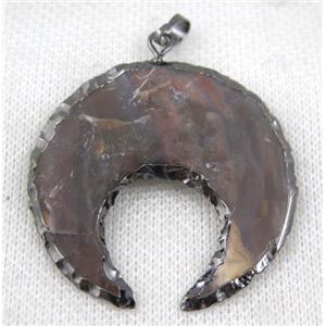 natural hammered Rock Agate crescent horn pendant, black plated, approx 45mm dia