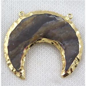 natural hammered Rock Agate crescent horn pendant with 2loops, gold plated, approx 45mm dia