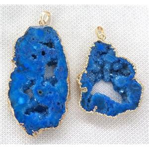 royal blue druzy agate slice pendant, freeform, gold plated, approx 30-60mm