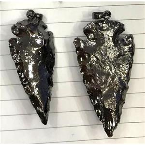 hammered Rock Agate Arrowhead pendant, black plated, approx 20-60mm