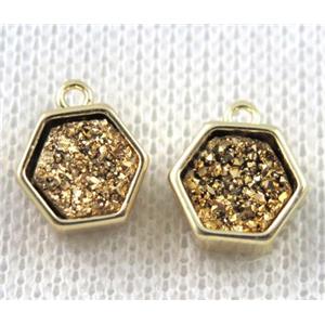 golden druzy quartz hexagon pendant, copper, gold plated, approx 9mm dia