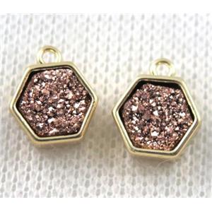 rose-golden druzy quartz hexagon pendant, copper, gold plated, approx 9mm dia