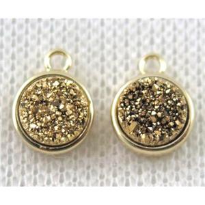 golden druzy quartz pendant, flat-round, copper, gold plated, approx 8mm dia