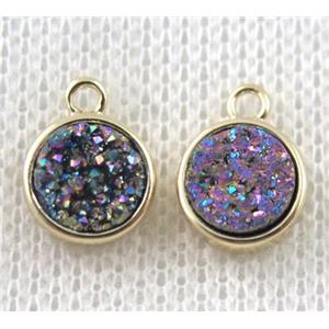 rainbow druzy quartz pendant, flat-round, copper, gold plated, approx 8mm dia