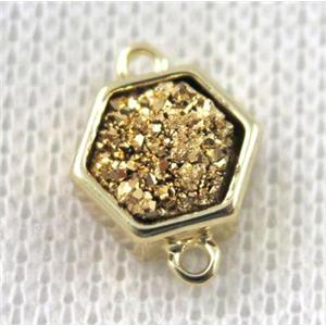 golden druzy quartz hexagon connector, copper, gold plated, approx 9mm dia