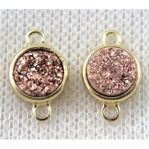 rose-golden druzy quartz connector, copper, flat-round, gold plated, approx 8mm dia