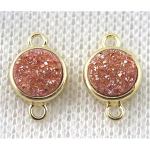 golden-champagne druzy quartz connector, copper, flat-round, gold plated, approx 8mm dia
