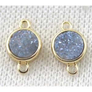 light gray-blue druzy quartz connector, copper, flat-round, gold plated, approx 8mm dia