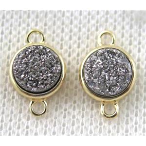 silver druzy quartz connector, copper, flat-round, gold plated, approx 8mm dia